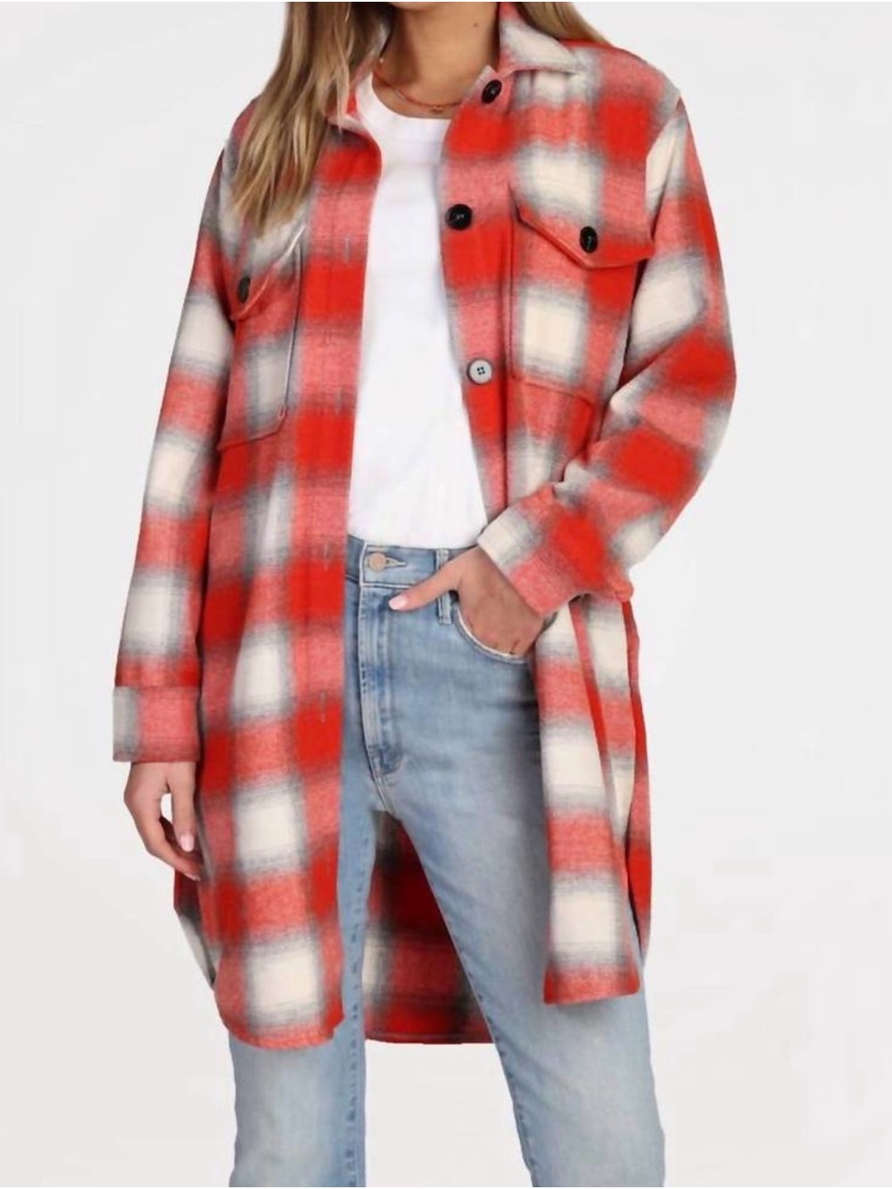dylan Red and White Plaid Button-Up Shacket